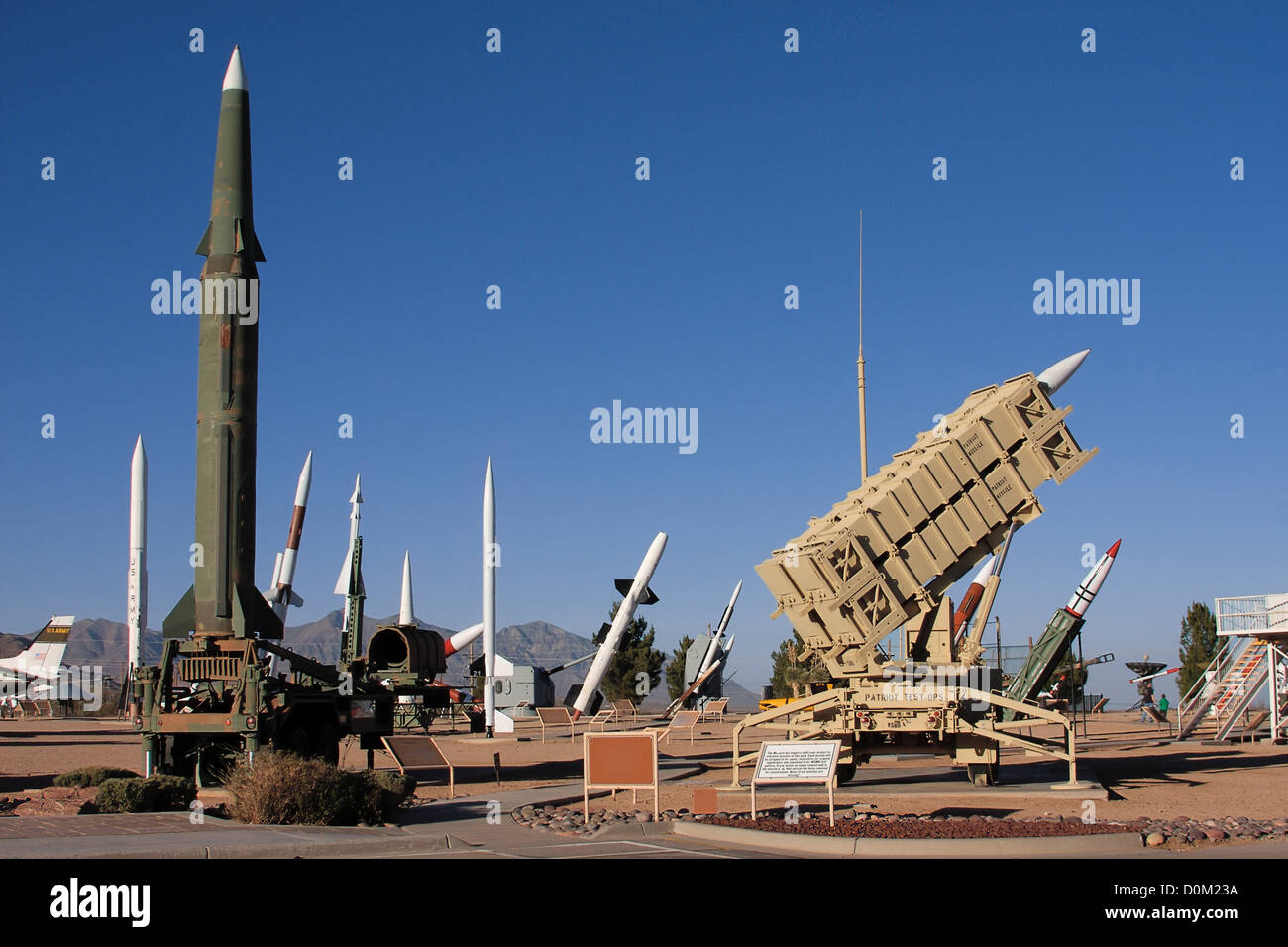 The missile park outside museum White Sands Missile Range in New Mexico. Pershing II (left) Patriot missile battery are in Stock Photo