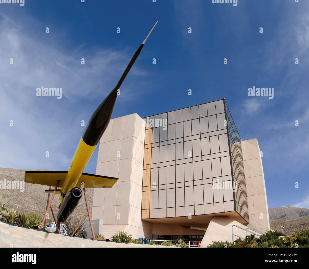 A yellow missile in the John P. Stapp Air & Space Park, outside the New Mexico Museum of Space History. Stock Photo