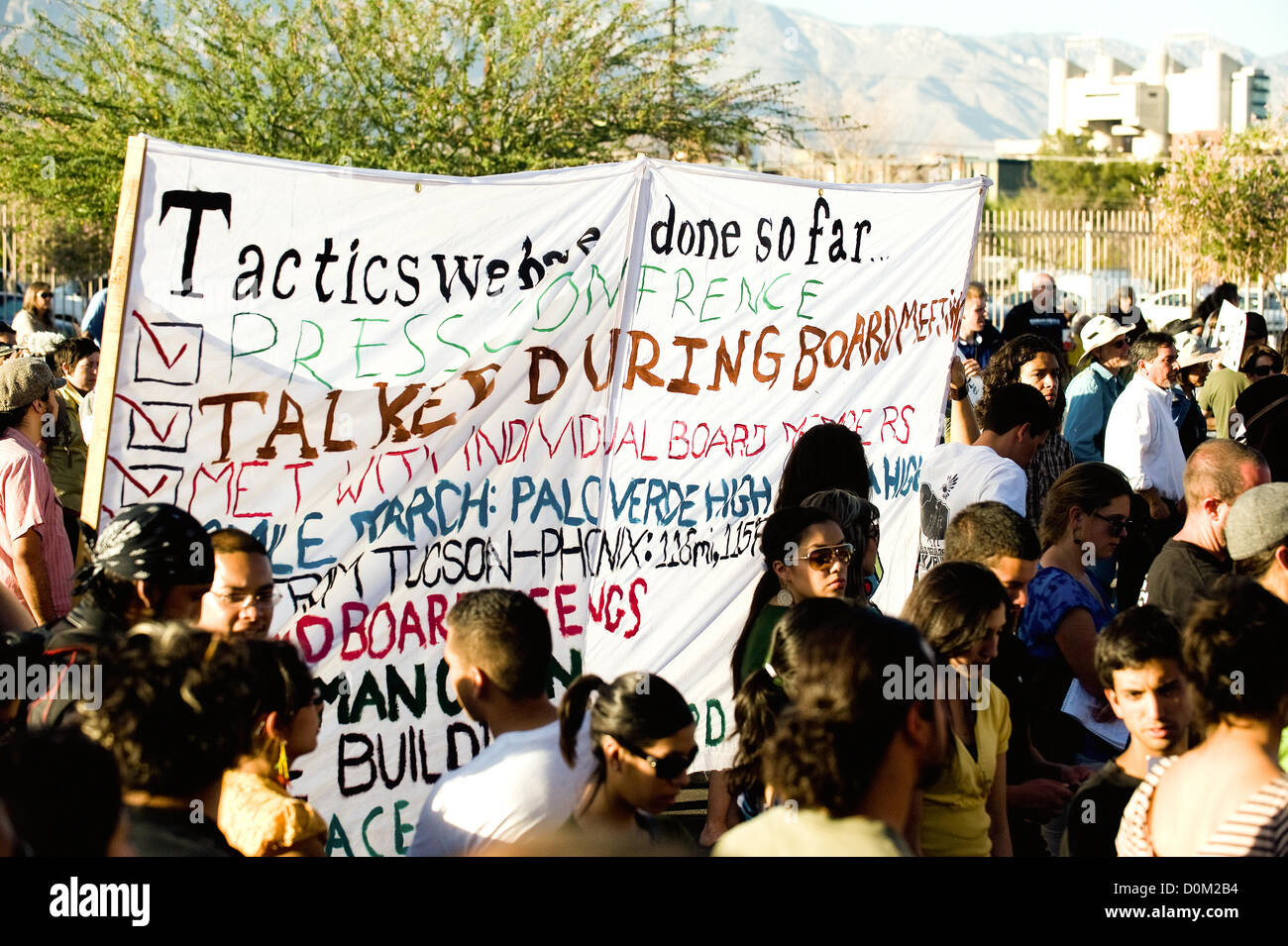 May 3, 2011 - Tucson, Arizona, U.S - About 300 protestors and 90 TPD officers, many in riot gear, gathered outside a Tucson Unified School District board meeting in Tucson, Ariz. about the fate of the Mexican-American Studies program in some of its schools on May 3, 2011.  After creating a new desegregation plan as required by the Federal government, TUSD may reinstate the MAS program that was formally canceled in Jan. 2012. (Credit Image: © Will Seberger/ZUMAPRESS.com) Stock Photo