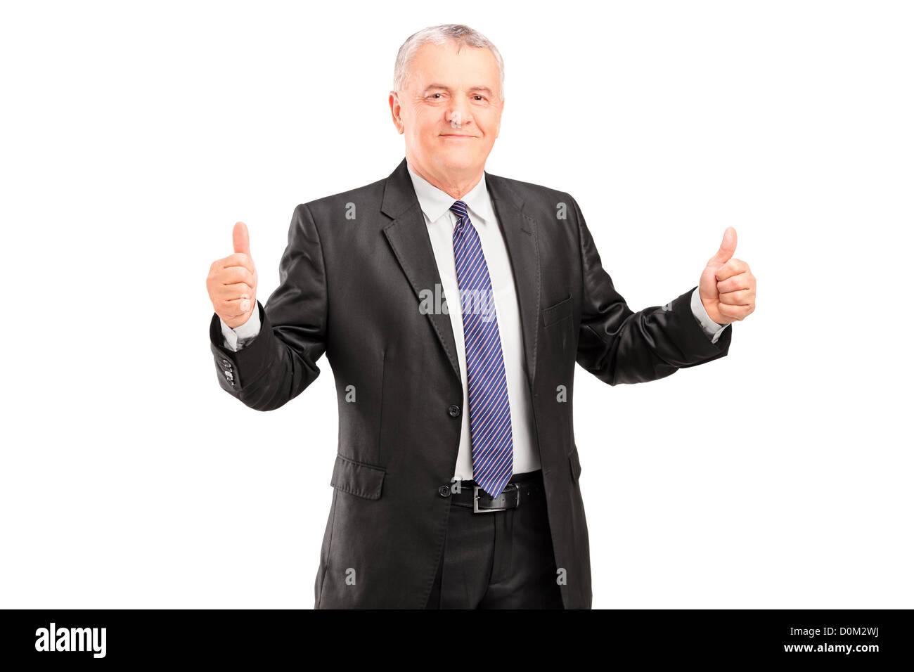 Happy mature businessperson standing and giving thumbs up isolated on white background Stock Photo