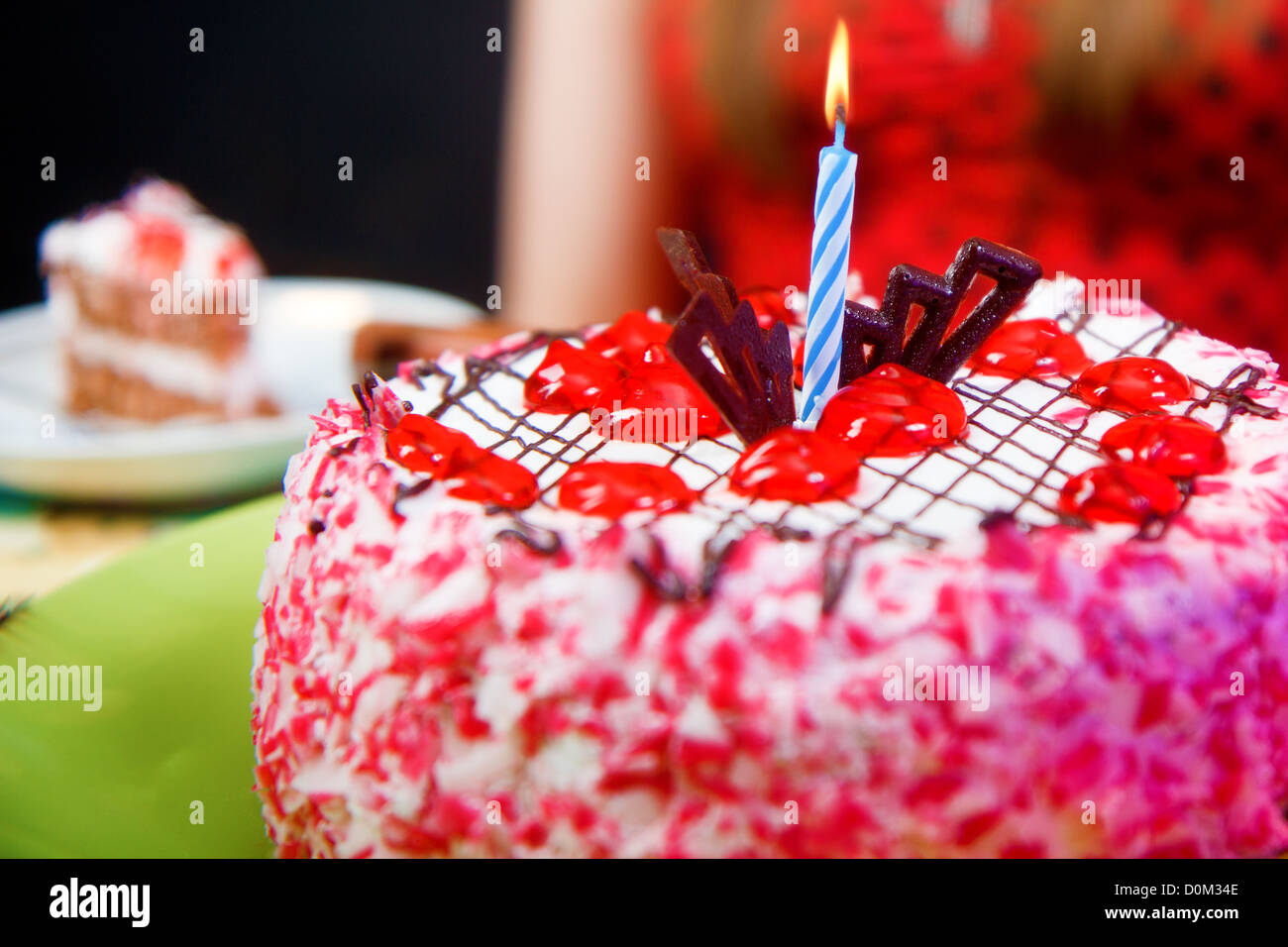 birthday cake with a lit candle. close-up Stock Photo - Alamy