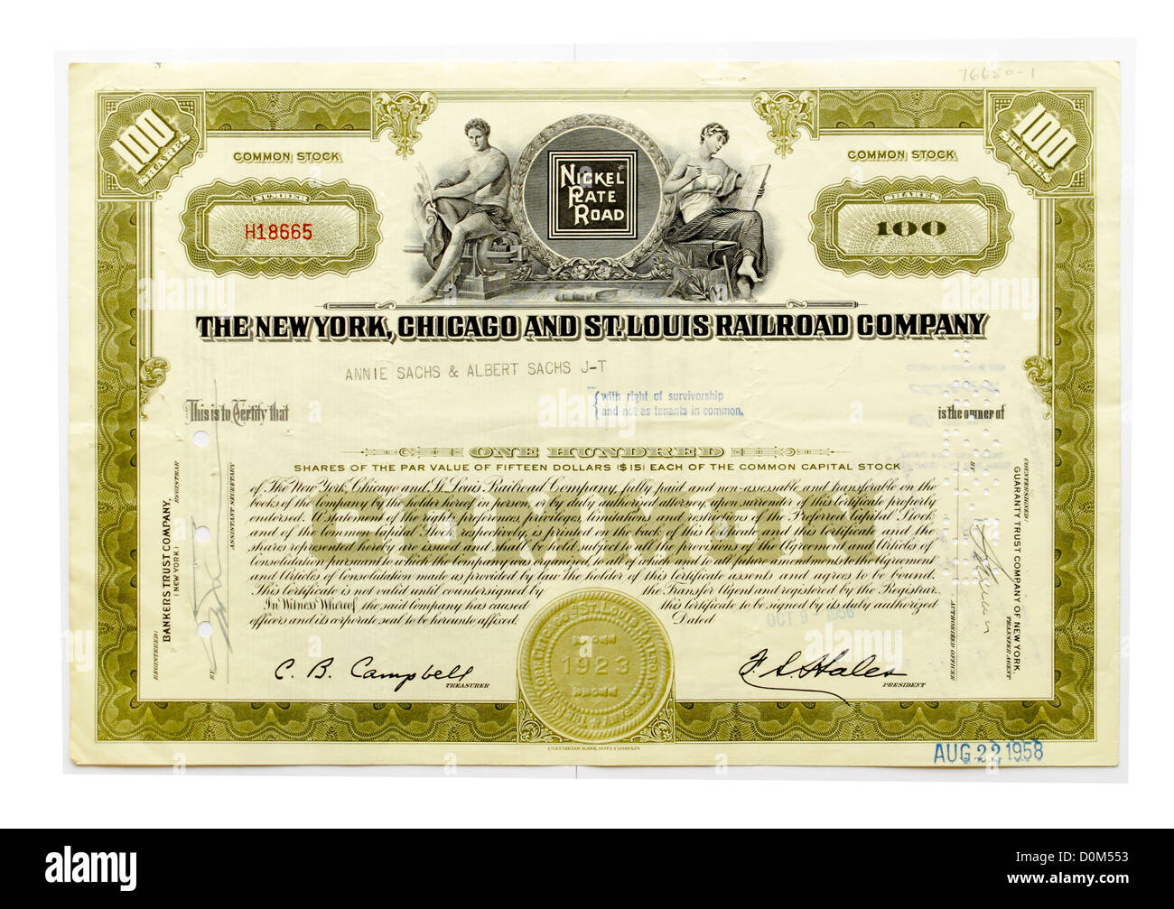 Share certificate of the New York Chicago and St Louis Railroad company Stock Photo