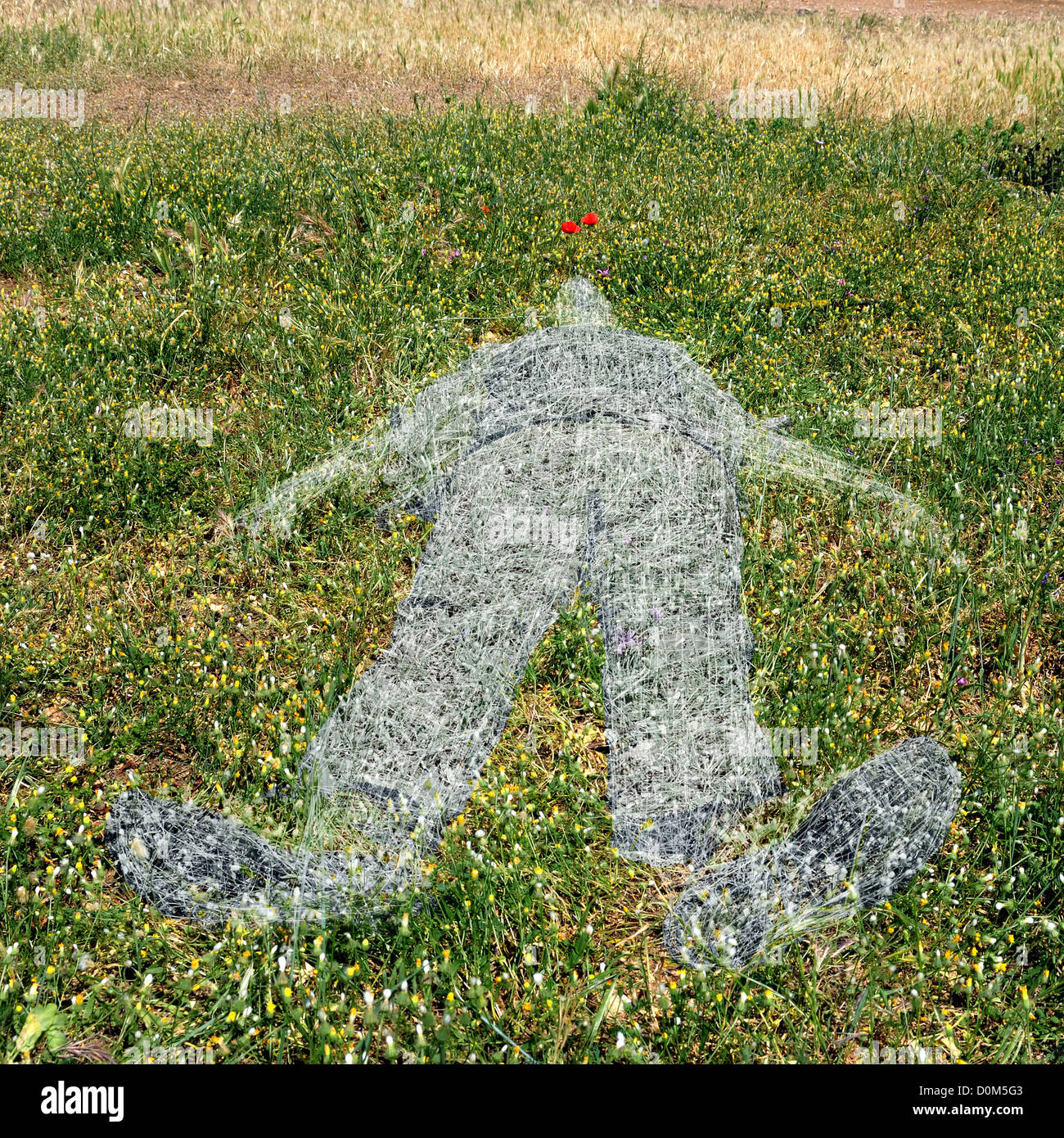 Withered grass ghostlike human figure imprint on green field. Stock Photo