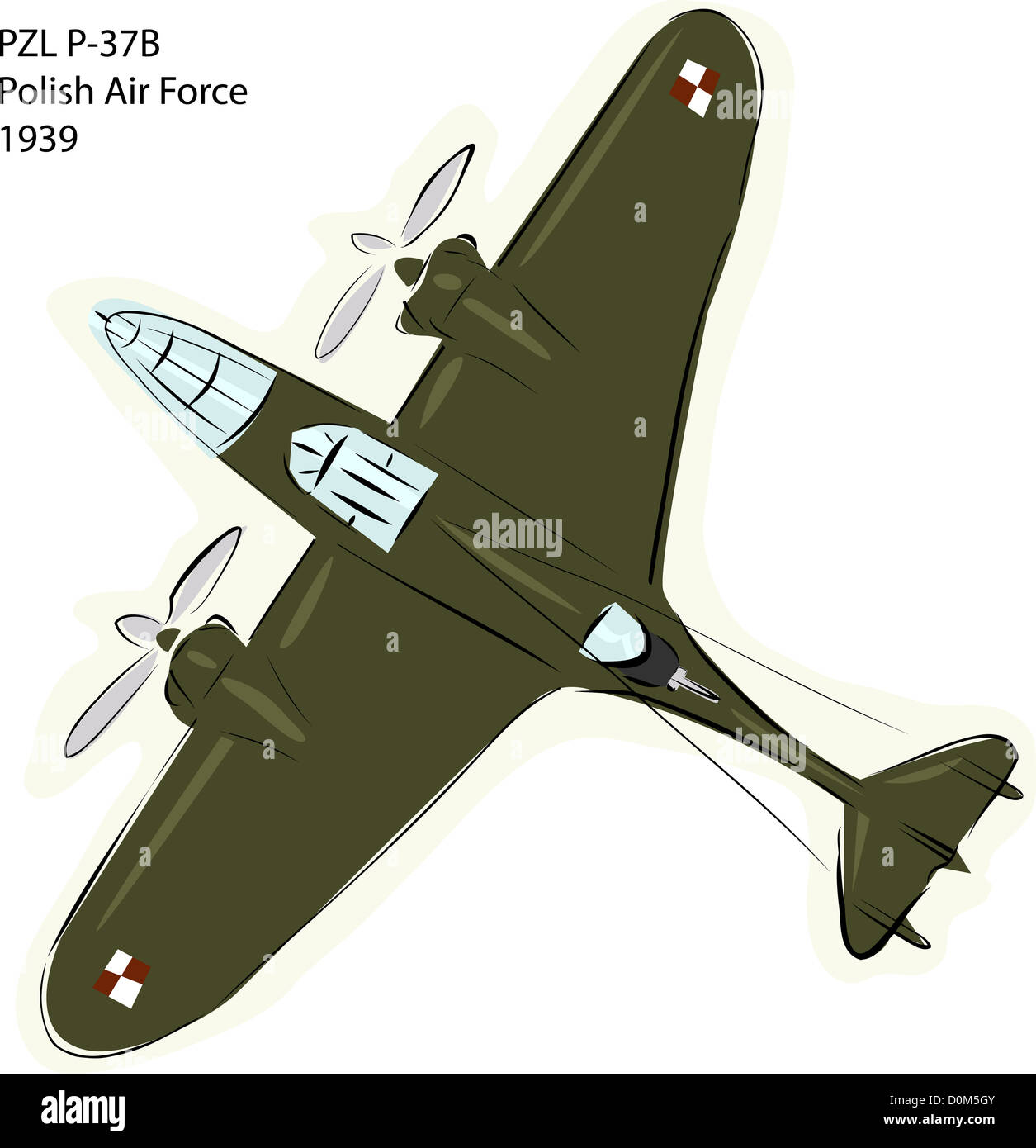 Sketch of PZL P-37B Polish Air Force combat plane over white Stock Photo