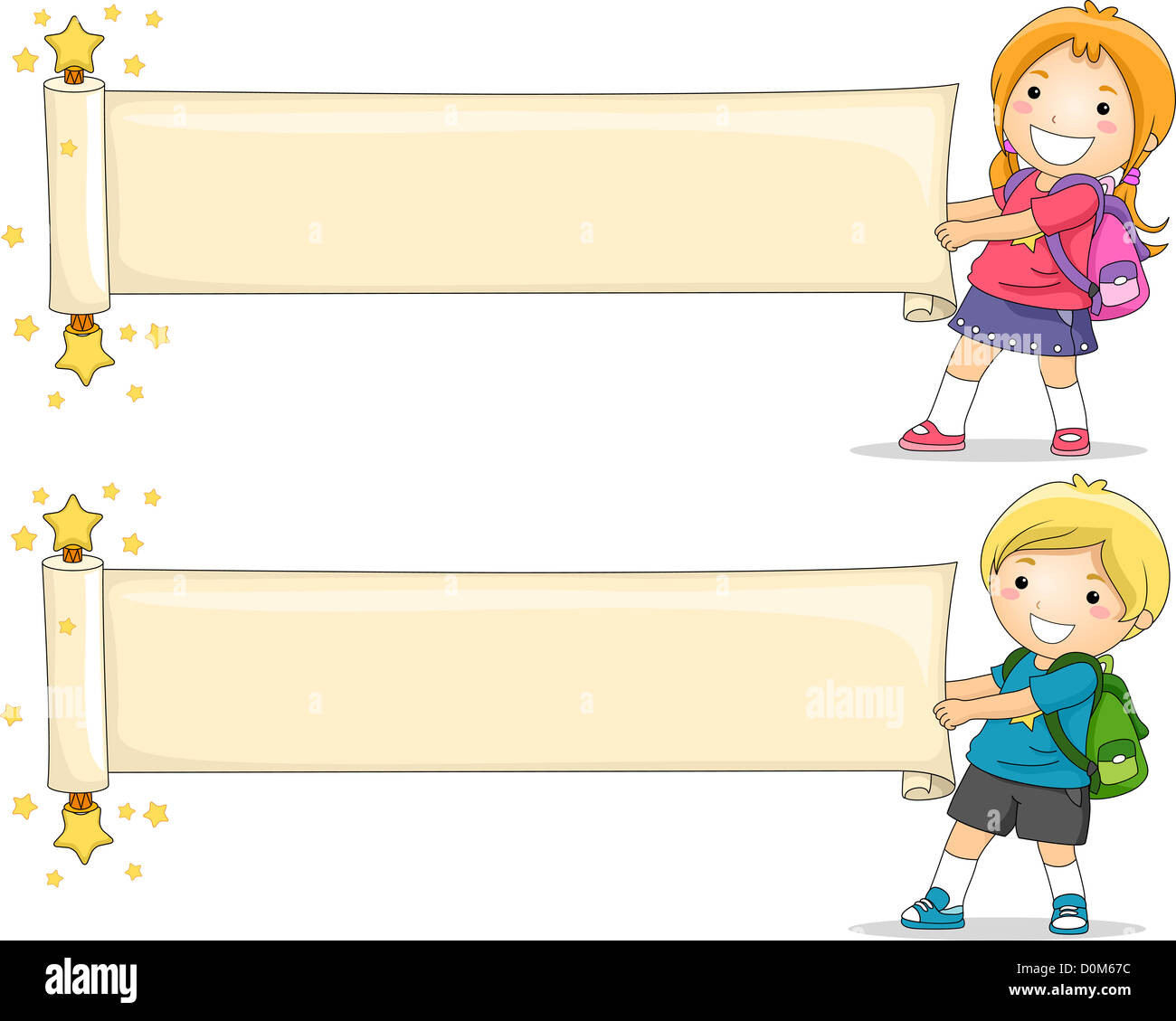 Illustration of Kids Unfolding a Blank Paper Scroll Stock Photo