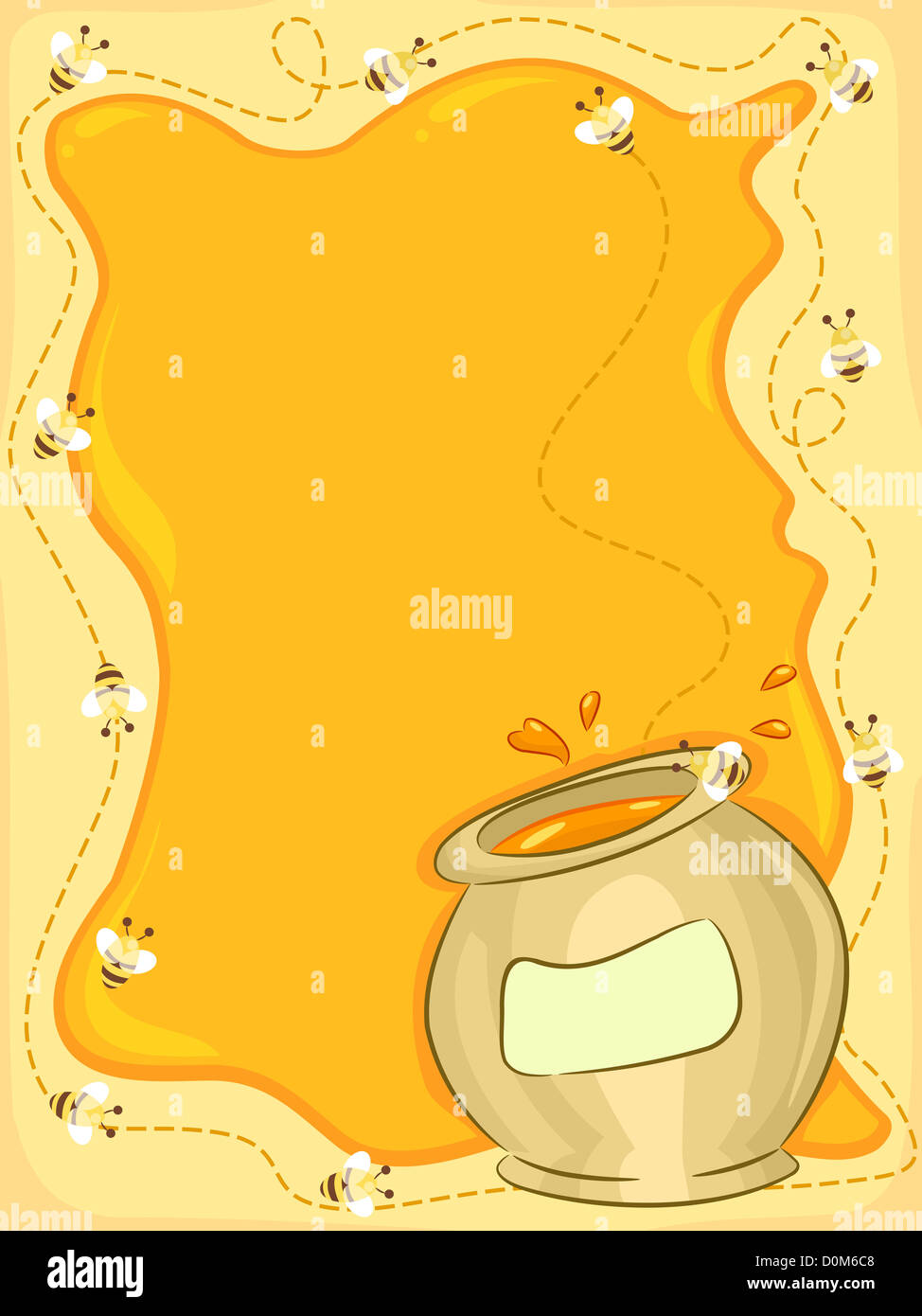Background Illustration Featuring Honeybees Buzzing Around a Jar of Honey Stock Photo