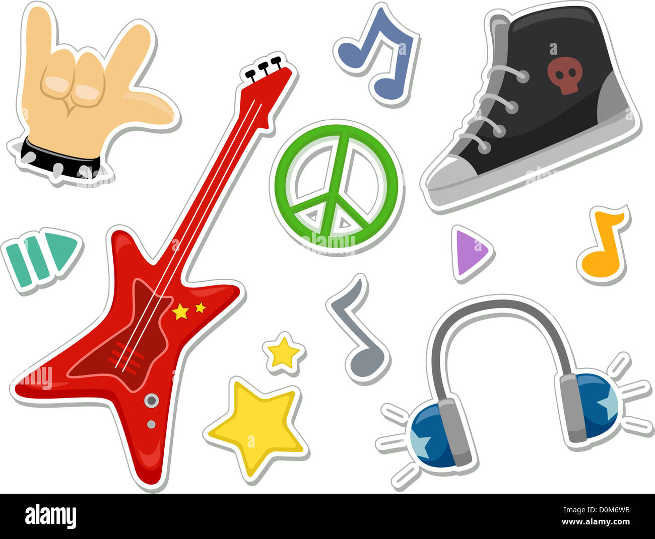 Illustration Featuring Rock Music Related Elements that Can be Printed Out as Stickers Stock Photo