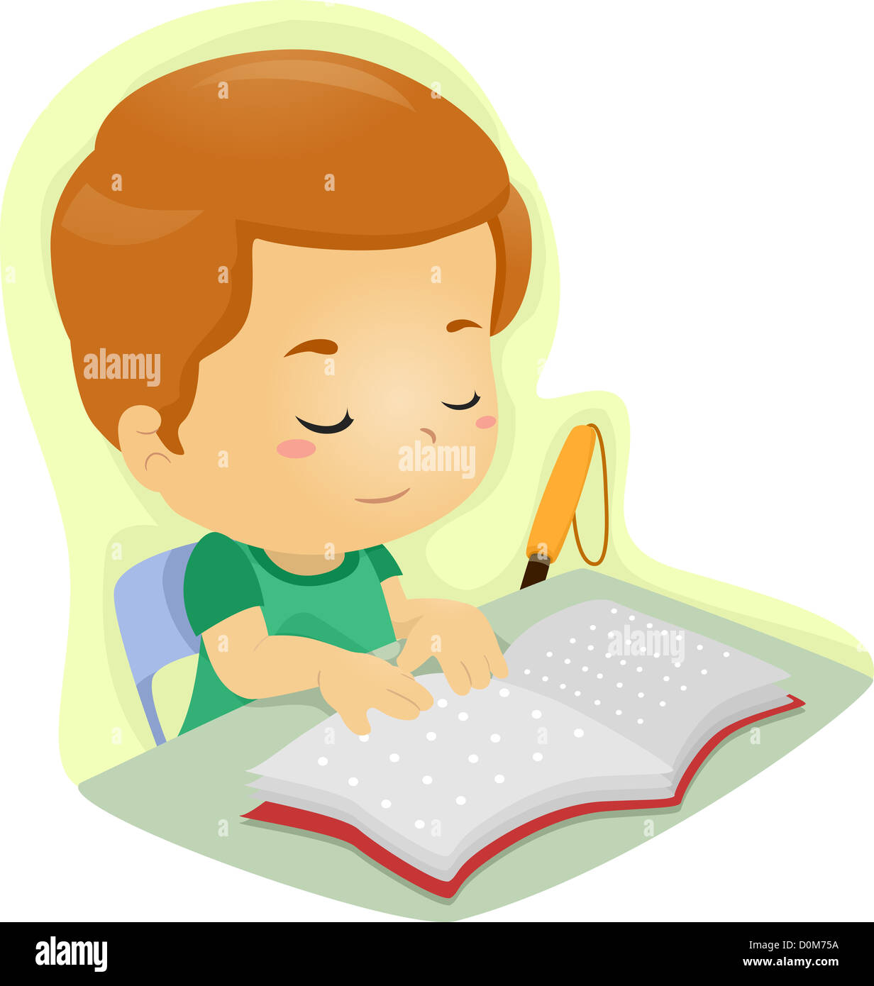 Illustration of a Blind Boy Reading a Book Written in Braille Stock