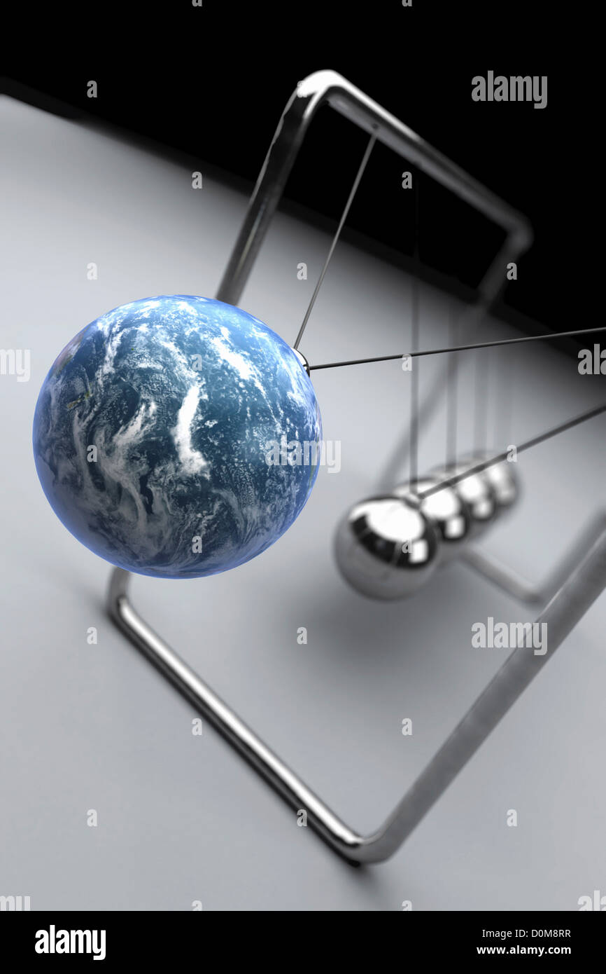 Conceptual illustration close-up of a Newton's cradle where one of the spheres has been replaced by an earth. Stock Photo