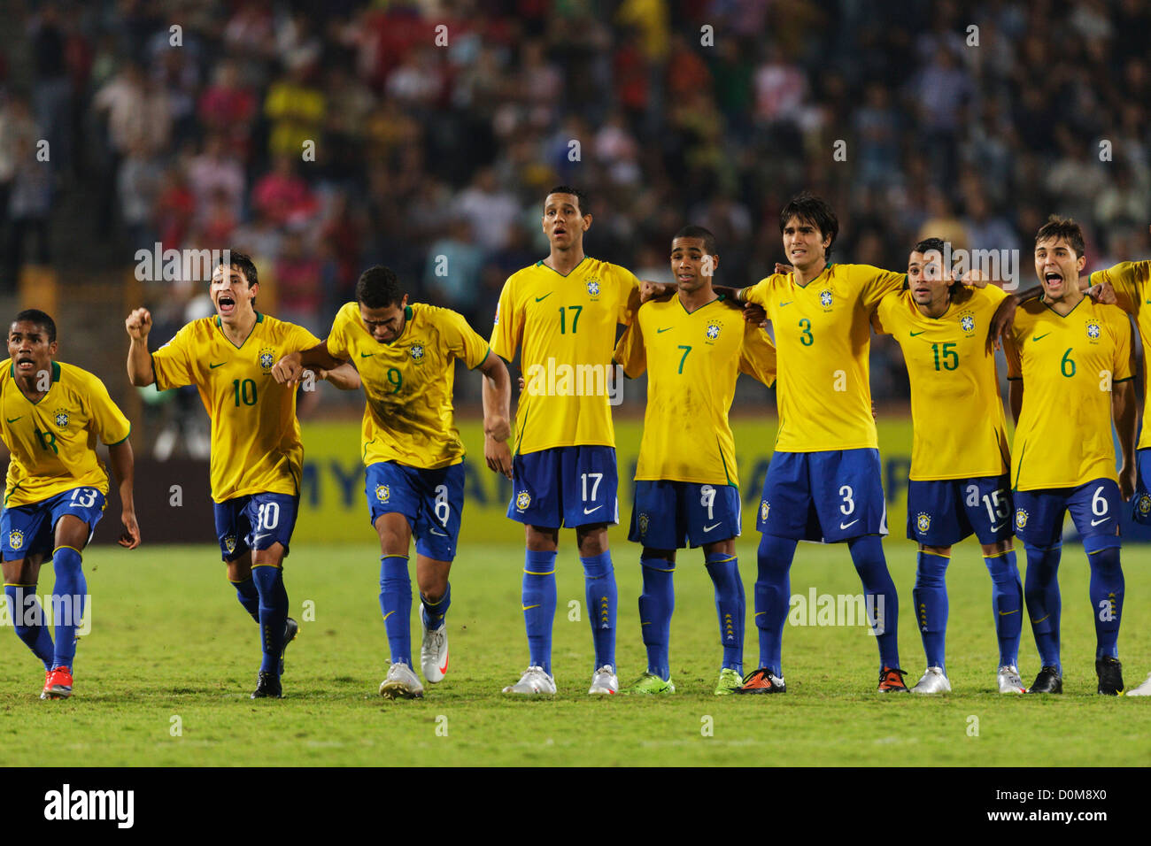 Brazil players react to a teammate's penalty kick during the shootout against Ghana to determine the 2009 FIFA U-20 World Cup. Stock Photo