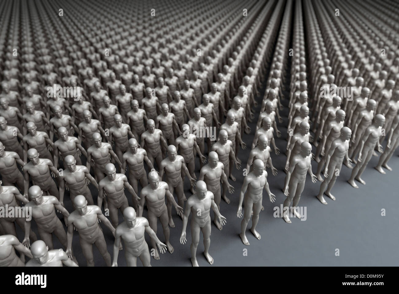 Human cloning conceptualized by many hundreds of identical male figures