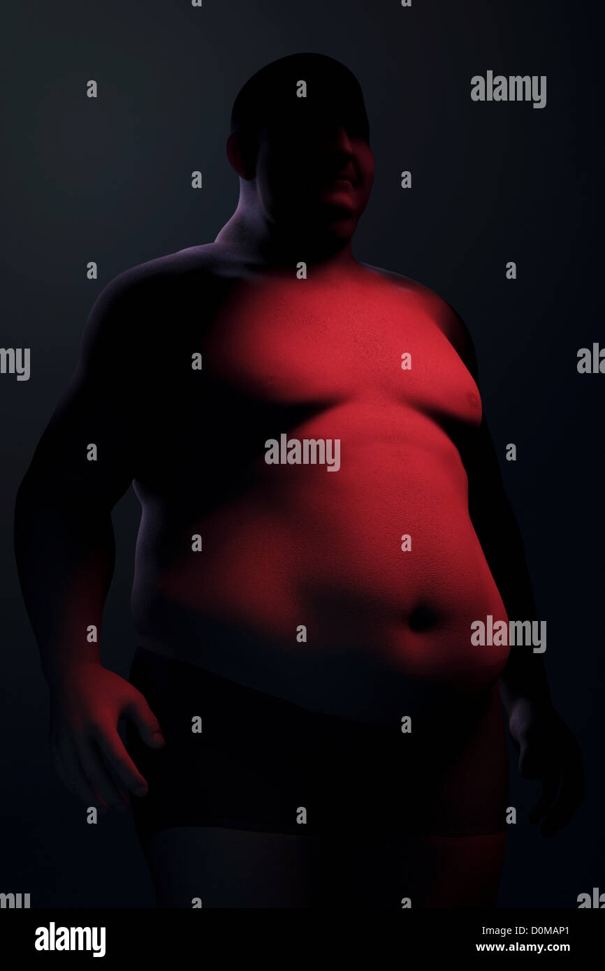 Body fat covering the stomach of an overweight man. Stock Photo
