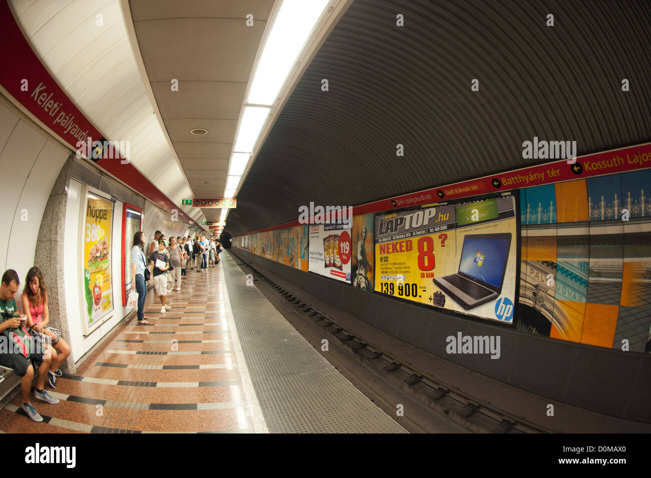 A metro platform and tunnel in Budapest, the capital of Hungary. It is the third oldest underground system in the world. Stock Photo