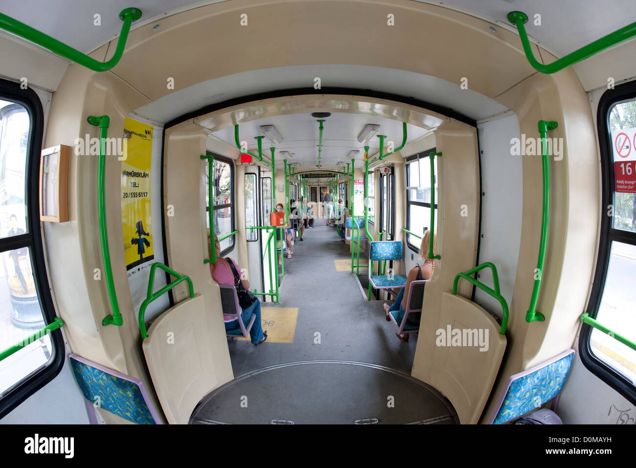 Interior of a tram carriage in Budapest, the capital of Hungary. Stock Photo