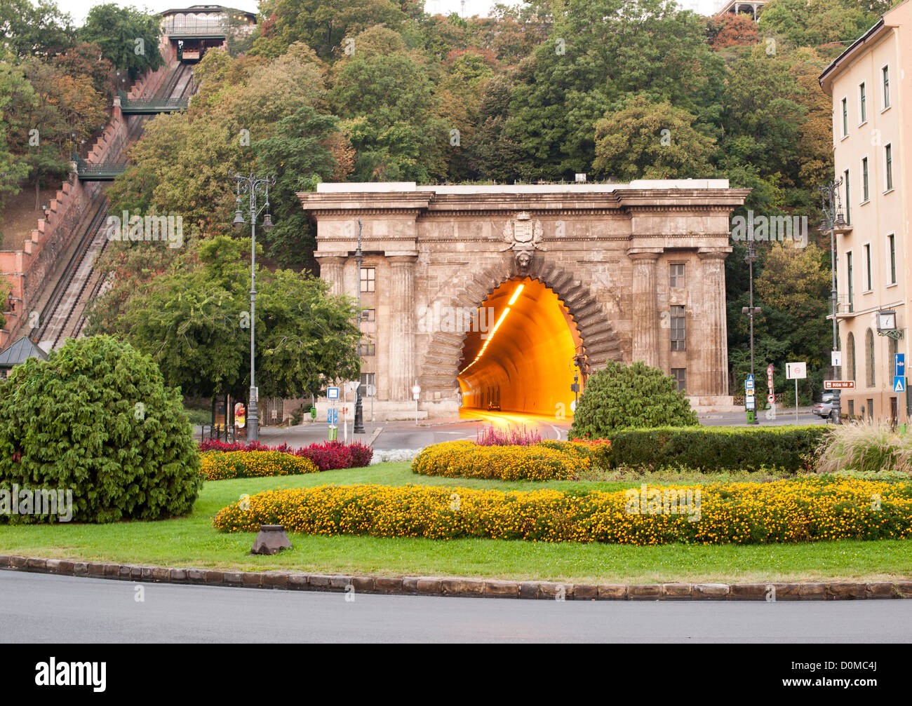 The entrance to Buda tunnel in Budapest, the capital of Hungary. The Castle Hill Funicular is visible on the left. Stock Photo