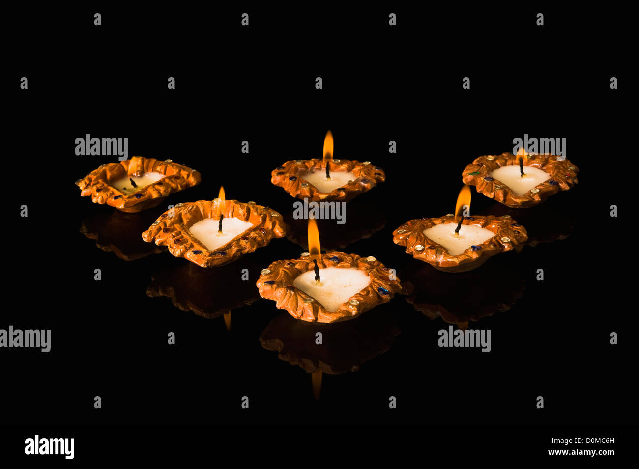 Close-up of Diwali oil lamps Stock Photo