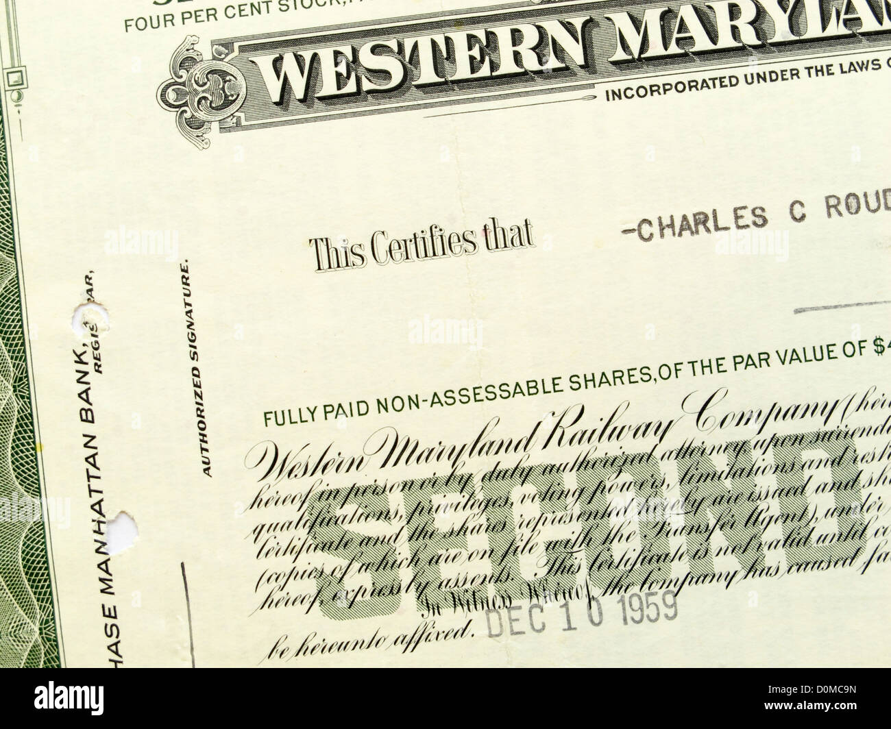 Share certificate of the Western Maryland Railway Company no longer in existence Stock Photo