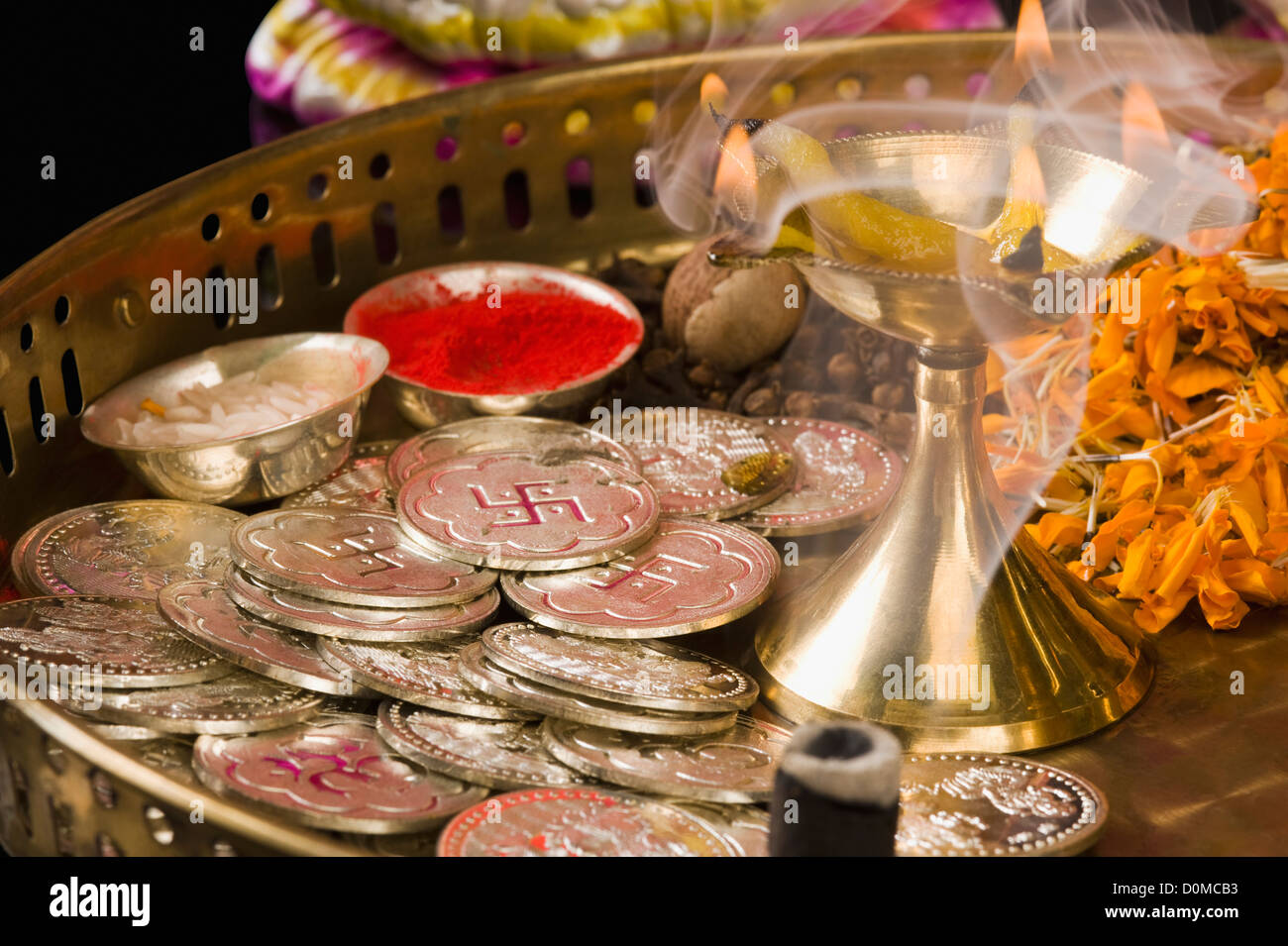 Close-up of religious offerings in a Diwali pooja thali Stock Photo