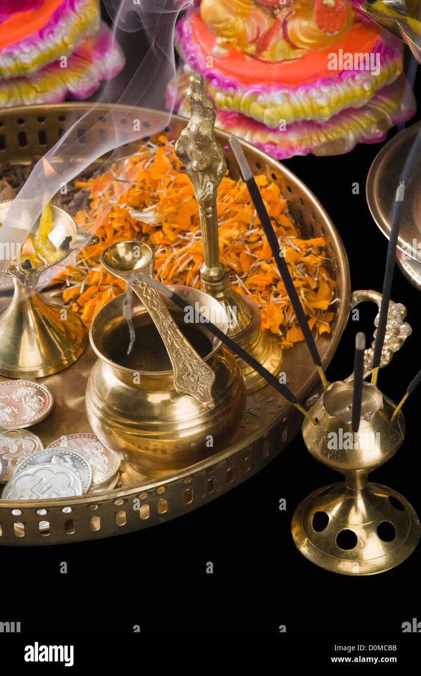 Close-up of religious offerings in a Diwali pooja thali Stock Photo