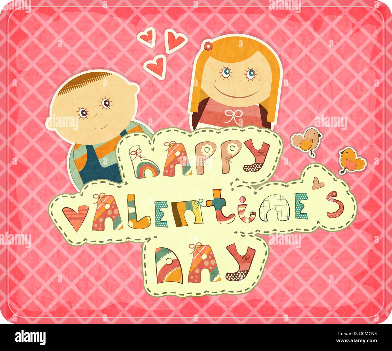 Vintage Design Valentines Day Card with Cartoon Boy and Girl with hand ...