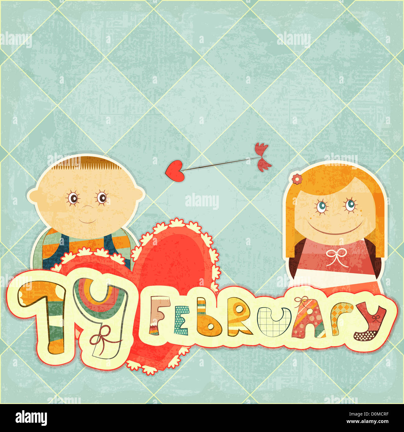 Vintage Design Valentines Day Card with Cartoon Boy and Girl with hand ...