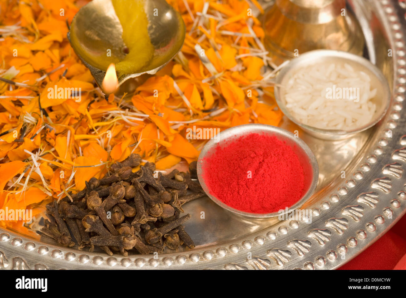Close-up of religious offerings in a Diwali pooja thali Stock Photo