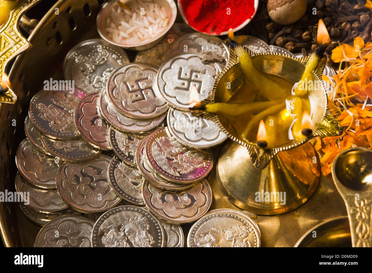 Close-up of religious offerings in a Diwali pooja thali Stock Photo