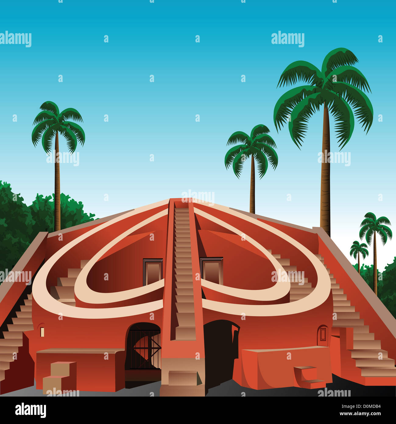 Palm trees around a sun dial, Jantar Mantar, New Delhi, India Stock