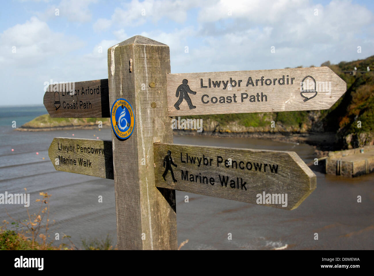 Footpath sign for Pembrokeshire coastal path near Fishguard, Wales Stock Photo