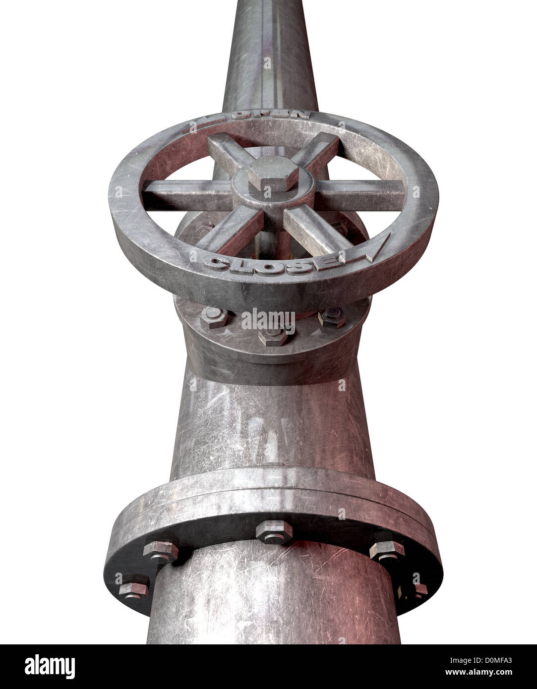 A metal shutoff valve attached to a metal pipe with bolts on an ...