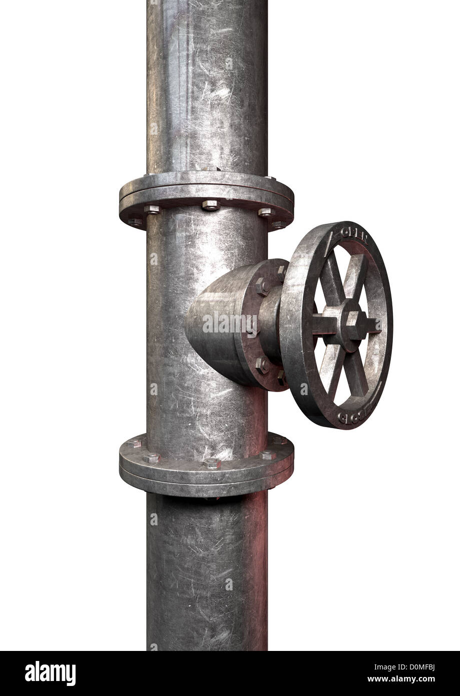 A metal shutoff valve attached to a metal pipe with bolts on an ...
