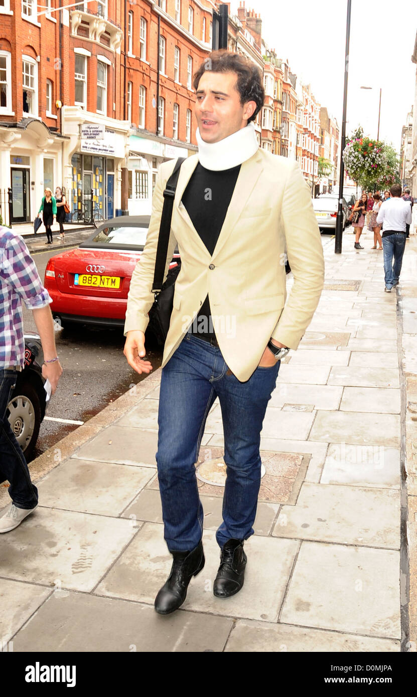 Darius Campbell Aka Darius Danesh Arrives At The Radio 2 Studios Wearing A Neck Brace The Scottish Singer Was The Passenger In Stock Photo Alamy