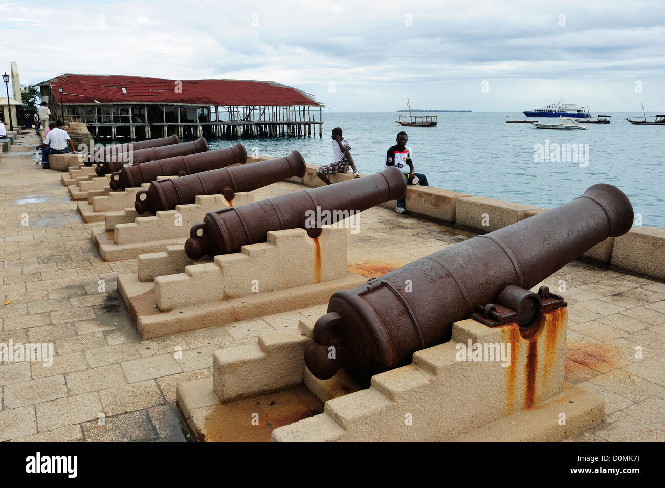 Cannons on the waterfront at Stone Town, Zanzibar, Tanzania, East Africa Stock Photo