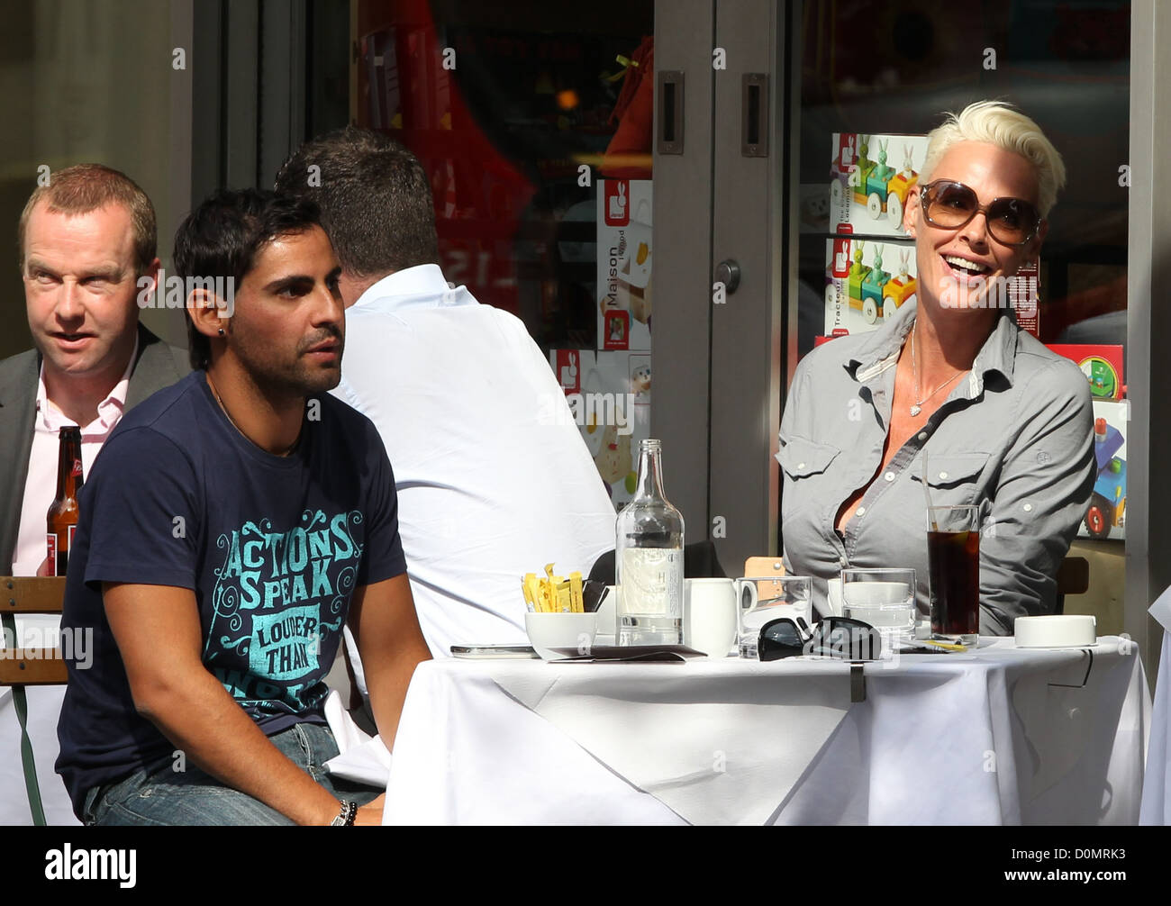 Brigitte Nielsen and her husband Mattia Dessi enjoy romantic lunch together after spending the morning shopping London, England Stock Photo