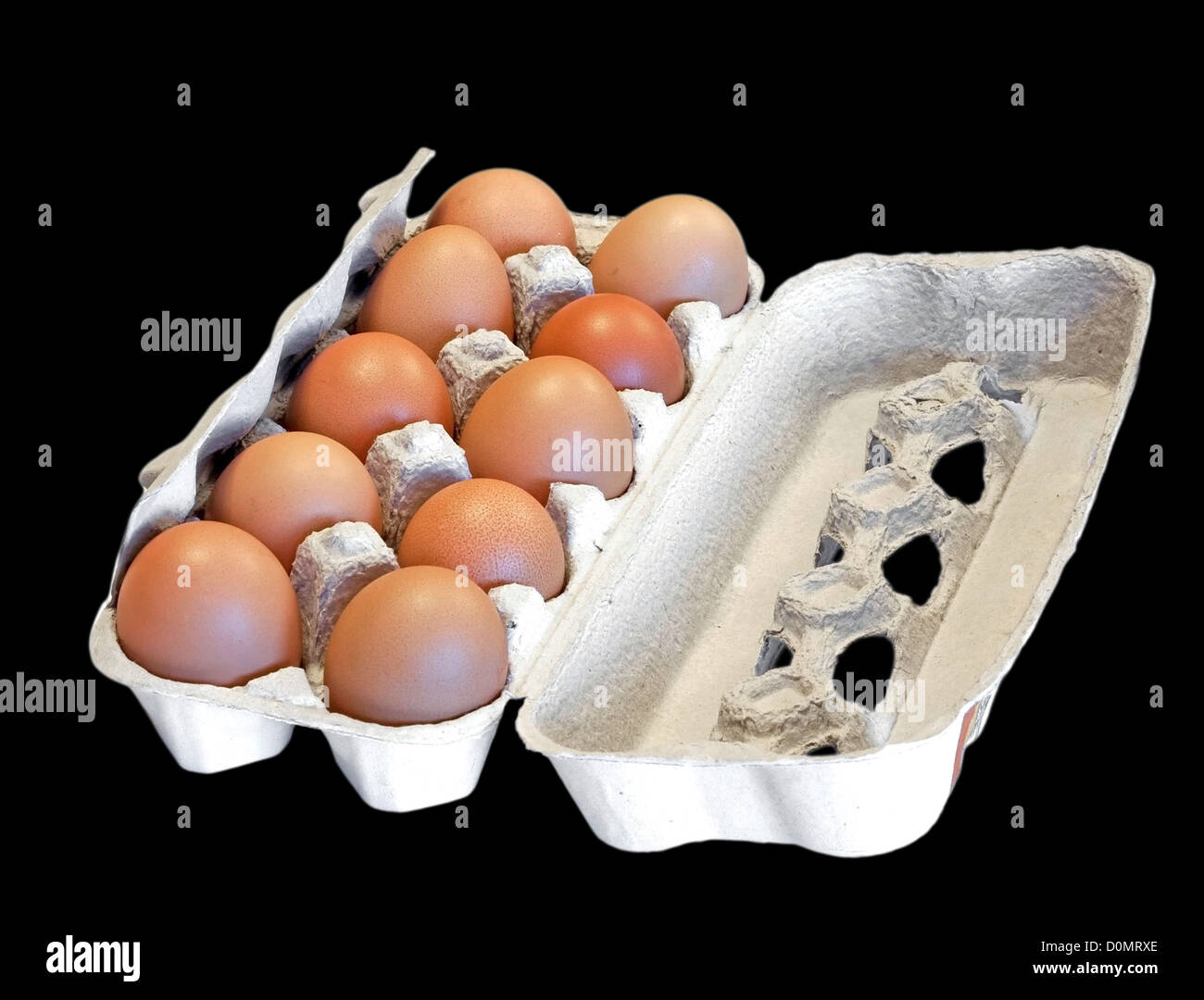 Box with hen eggs isolated on black Stock Photo