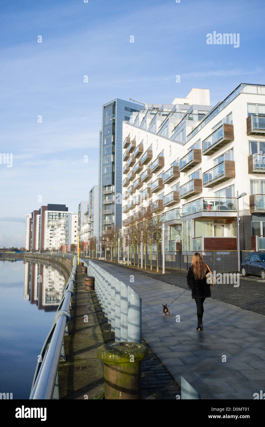 Modern high-rise apartment buildings on River Clyde at Glasgow Harbour development in Glasgow Scotland UK Stock Photo
