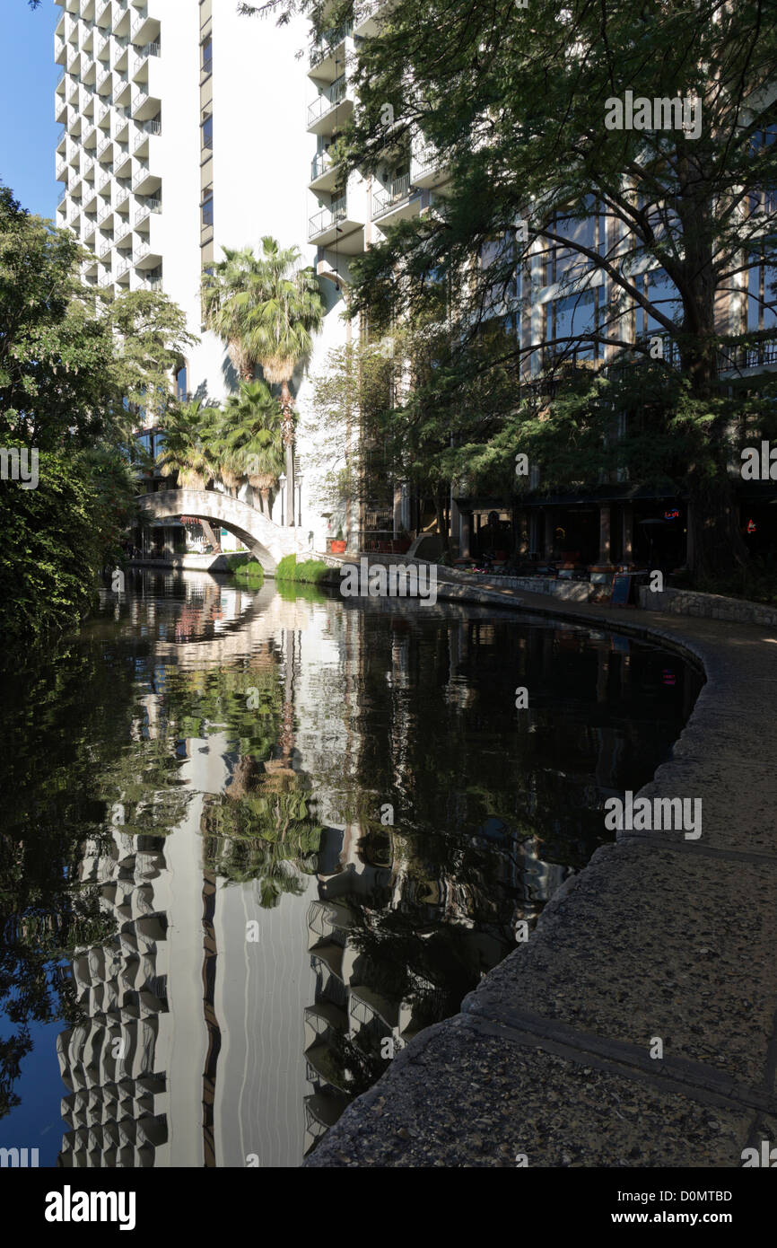 Buildings and river reflections on the Riverwalk in San Antonio, Texas, USA Stock Photo