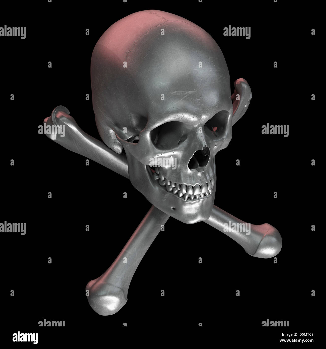 Metallic grey skull and crossbones symbolizing danger or death. Stock Photo