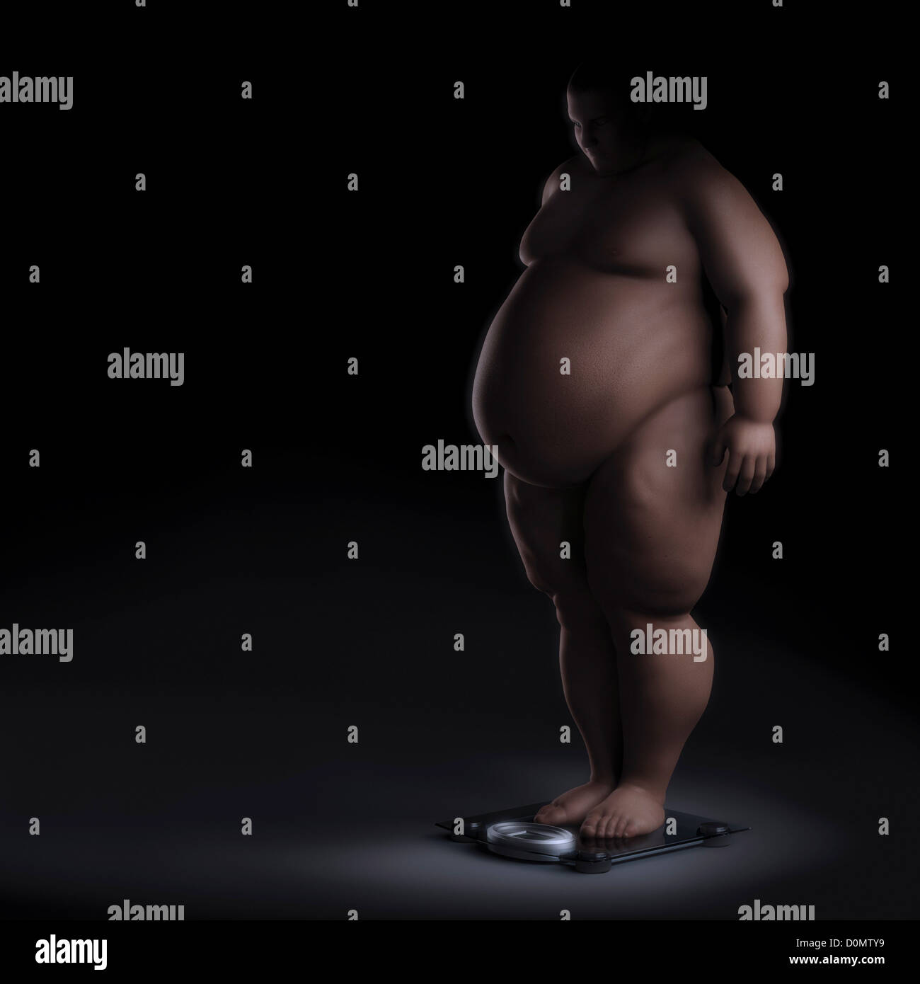 Anatomical model of an obese person standing on scales. Stock Photo