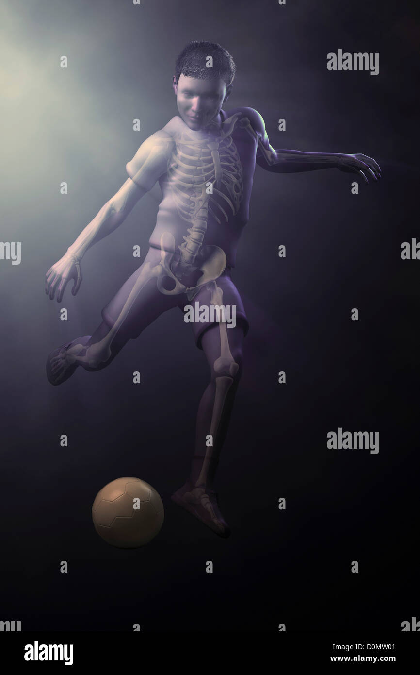 A preadolescent male child kicks soccer ball. bones are visible within