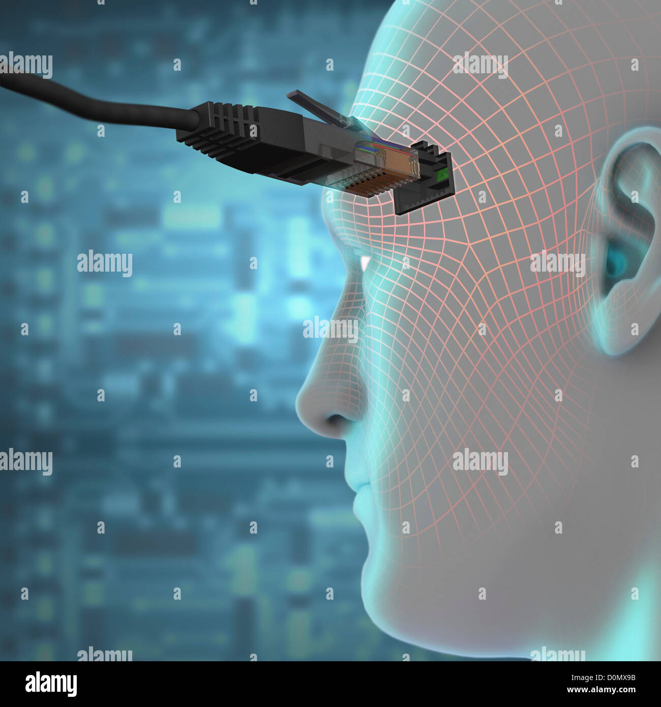 Diagram showing a LAN cable entering a socket on the side of a human ...