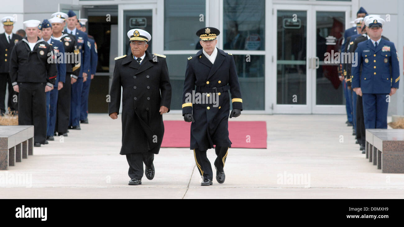 PETERSON AIR FORCE BASE, Colo. - Adm. Mariano Saynez, Secretary of the Navy, Mexico, escorted by Army Gen. Charles H. Jacoby, Jr Stock Photo