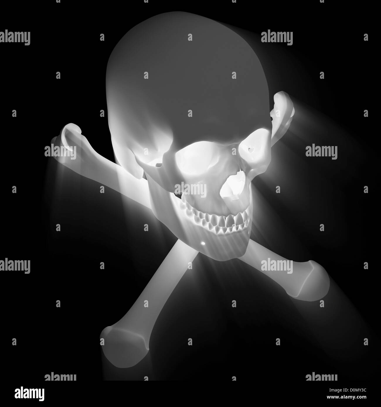Illuminated skull and crossbones symbolizing danger or death. Stock Photo