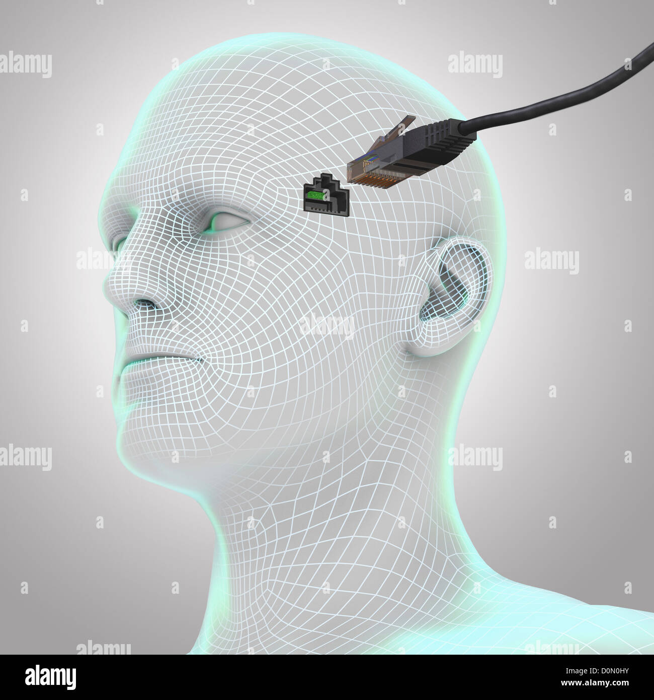 Diagram showing a LAN cable entering a socket on the side of a human ...