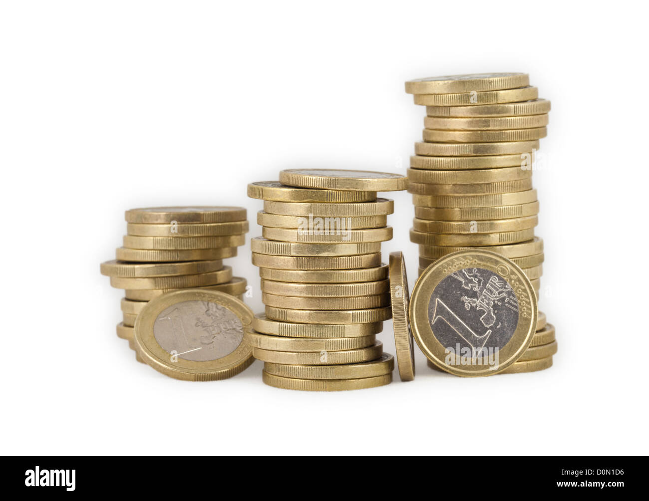 wobbly piles of euro coins Stock Photo