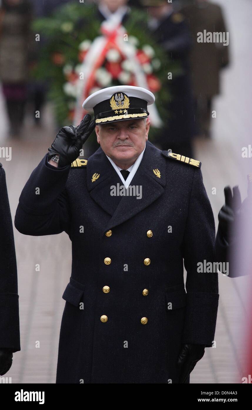 Gdynia, Poland 28th, November 2012  94th anniversary of Polish Navy reneval by the Marshal Jozef Pilsudski in 1918. Polish Navy Commander Fleet Admiral Tomasz Mathea (C) takes part in the ceremony in front of Polish Navy Sailor Plaque in Gdynia. Stock Photo