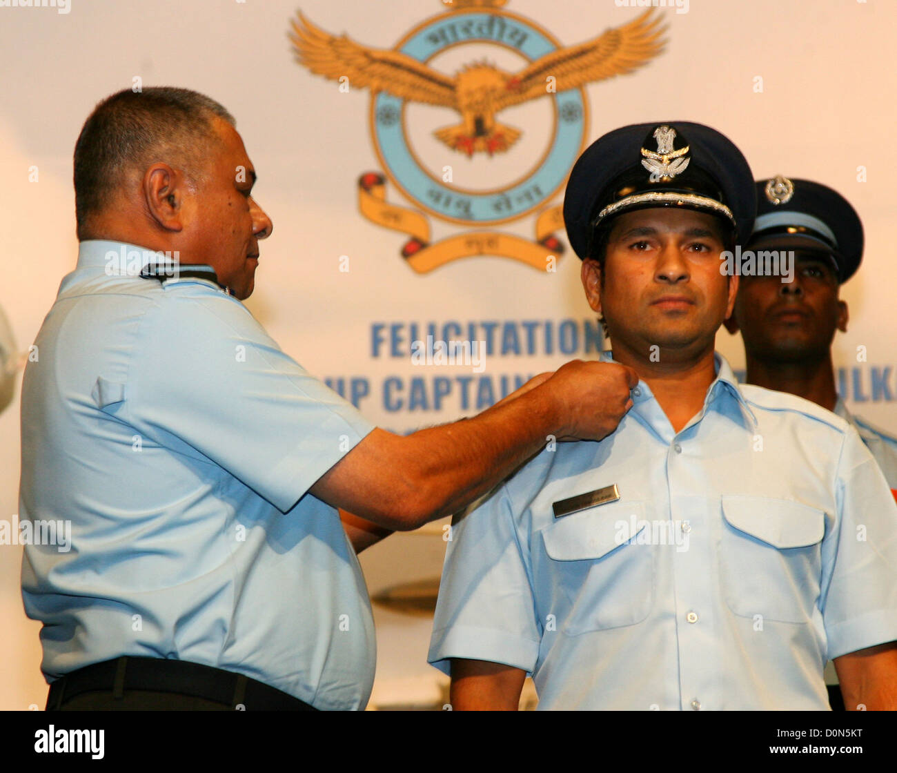 Sachin Tendulkar Honarary Rank of Group Captain conferred to Cricketer Sachin Tendulkar by Chief of Indian Airce, Air Chief Stock Photo