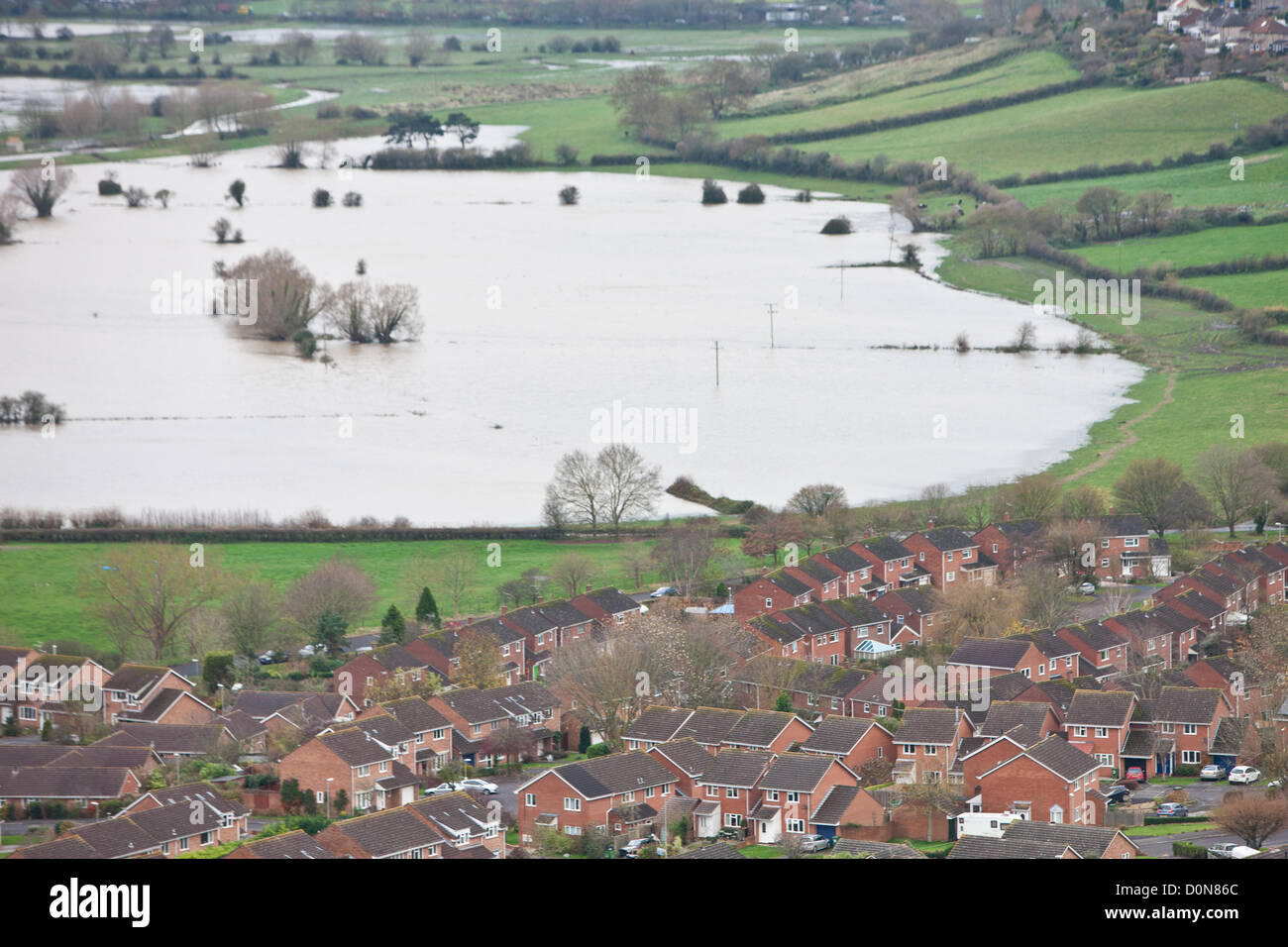 United Kingdom-November 27th. Flood water in the fields surrounding the Glastonbury Tor on the Somerset Levels. Photograph taken from elevated Glastonbury Tor,Glastonbury, Somerset, England. Stock Photo