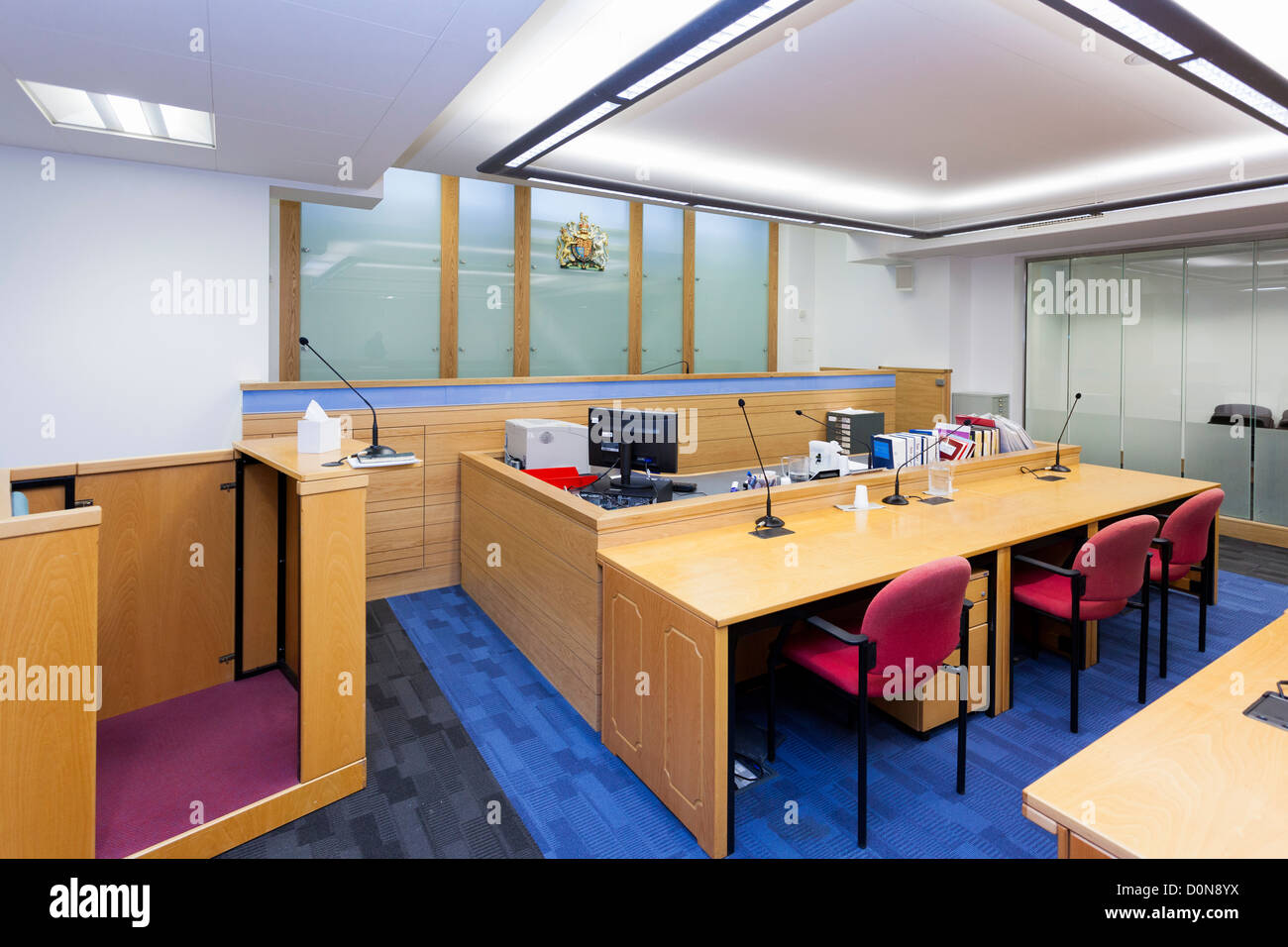 Interior view including witness stand of an unoccupied Court Number One at Basingstoke Law Courts. Stock Photo