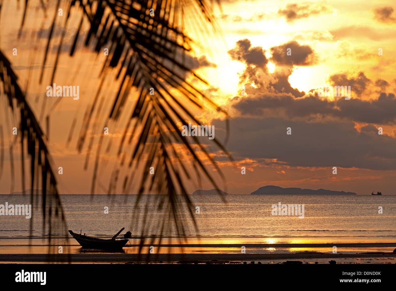 Sunset sea boat coconut tree hi-res stock photography and images - Alamy